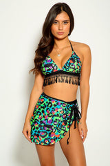 Green Leopard Print Fringe Three Piece Swimsuit Areous