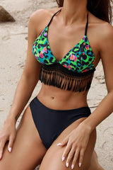 Green Leopard Print Fringe Three Piece Swimsuit Areous