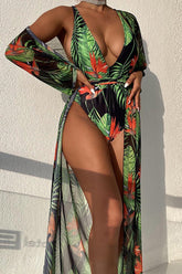 Green Red Tropical Print Two Piece Monokini Swim & Cover-up Set Areous