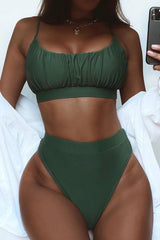 Green Sleeveless Ruched Mid Rise Two Piece Swimsuit Areous