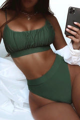 Green Sleeveless Ruched Mid Rise Two Piece Swimsuit Areous