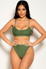 Green Sleeveless Ruched Mid Rise Two Piece Swimsuit Areous