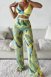 Green Tropical Criss-Cross Top 3 Pc Swimsuit With Pants Cover Up Areous