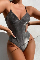 Grey Sleeveless Glitter One Piece Swimsuit Areous