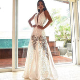 Long backless white evening dress
