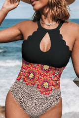 Halter Hollow Bohemian Contrast One-Piece Swimsuit Areous