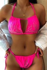 Hot Pink Rhinestone Square Halter Top 2 Pc Bikini Set Areous