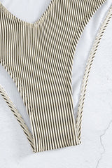 Khaki O-Ring Chain Linked Hollow Out Ribbed Monokini Areous