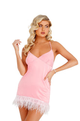 LI400 - Soft Satin Chemise with Ostrich Feathered Trim Areous