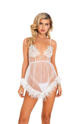 LI450 - 2pc Bridal Corset Chemise with Ostrich Feather Trim & Panty Areous