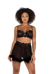 LI478 - 2PC Mesh Underwire Bralette & Skirt Set with Faux Fur Detail Areous