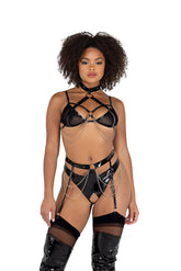 LI507 - 2PC Vinyl & Chain Crotchless Bra Set Areous