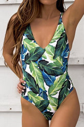 Leaf Printed Halter One-piece Swimsuit Areous