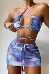 Light Blue Printed Strappy Three Piece Swimsuit Areous