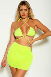 Lime Halter Triangle Skirt Cover Up Three Piece Swimsuit Areous