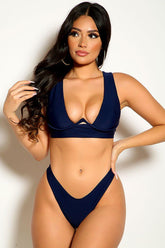 Navy Sleeveless Underwire Cheeky Two Piece Swimsuit Areous
