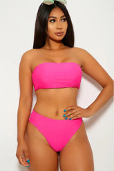 Neon Fuchsia Bandeau High Waist Two Piece Swimsuit Areous