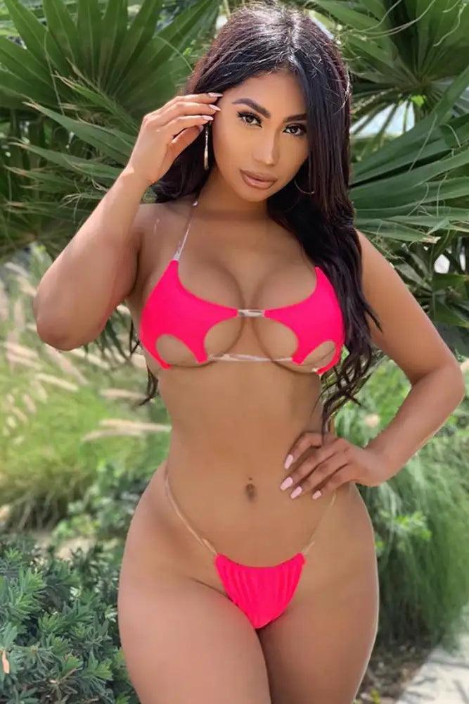 Neon Fuchsia Clear Strappy Two Piece Swimsuit Areous
