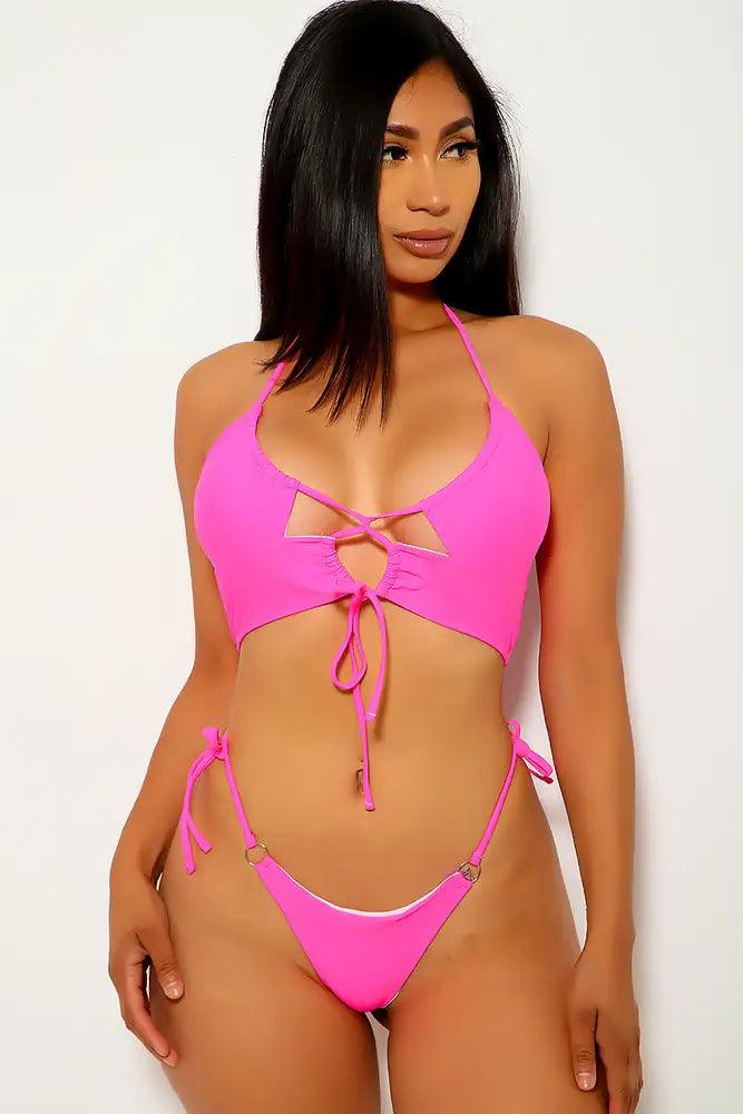 Neon Fuchsia Strappy Two Piece Swimsuit Areous