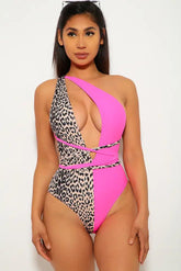 Neon Pink Leopard Print One Piece Monokini Areous