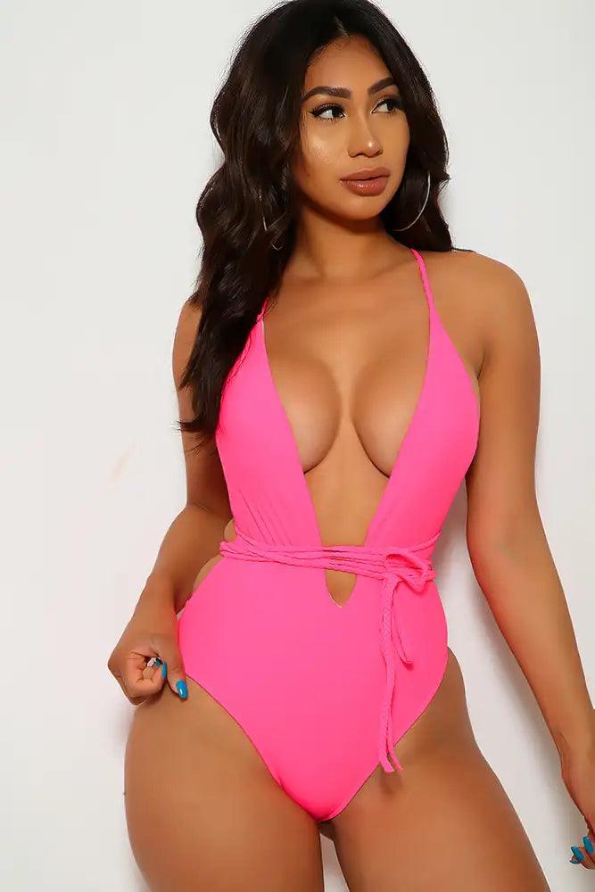 Neon Pink V-Cut Braided One Piece Swimsuit Areous