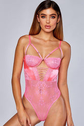 Neon Pink Wired Boned Corset Mesh Lace Teddy Areous