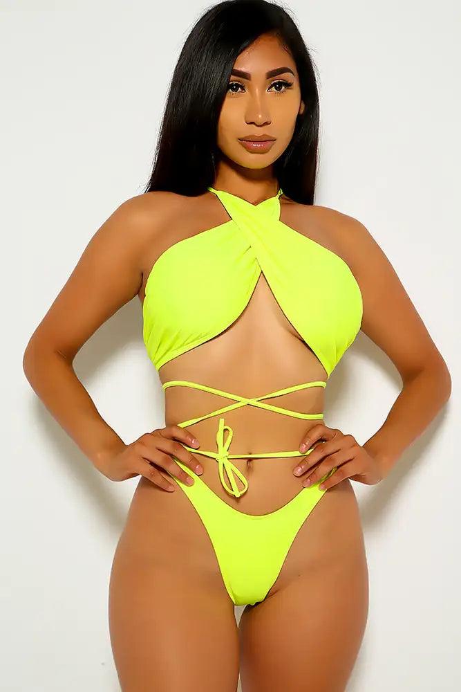 Neon Yellow Strappy Two Piece Swimsuit Areous