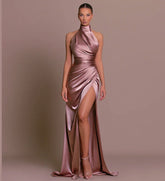 halter neck slit slim dress