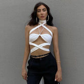 Halter neck tube top with hollow out navel straps