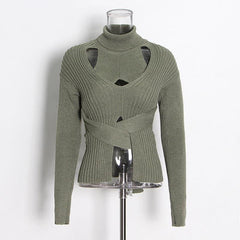 Hollow high neck tie elastic slim short sweater