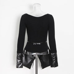 Irregular stitching knitted leather round neck slim sweater