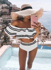 Off Shoulder Stripes High Waist Swimwear Areous