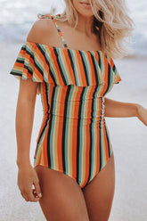 Off The Shoulder Striped One-piece Swimsuit Areous