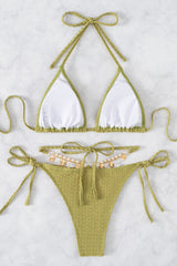 Olive Faux Pearl Triangle Strappy Halter 2 Pc Bikini Set Areous