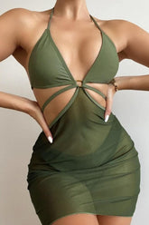 Olive Mesh Halter Three Piece Swimsuit Areous