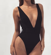 One-Piece Deep-V Plain Swimwear Areous