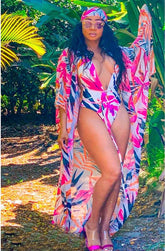 One-Piece Deep-V Print Cover Up Bikini Set Areous