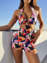 One-Piece Multi-Color Cut Out Metal Ring Halter Swimsuit Areous