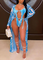 One-Piece Print High Cut Cut Out Swimwear with Matching Cover Ups Areous