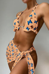 Orange Butterfly Print Three Piece Swimsuit Areous