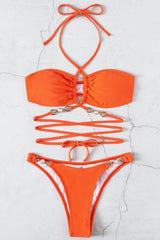 Orange Faux Pearl Strappy Criss-Cross 2 Pc Bikini Set Areous