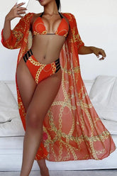Orange Gold Chain Print Three Piece Swimsuit Areous