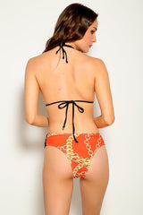 Orange Gold Chain Print Three Piece Swimsuit Areous