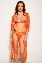 Orange Gold Chain Print Three Piece Swimsuit Areous