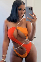 Orange One Shoulder Ring Linked Hollow Out Monokini Areous