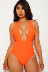 Orange V-Cut One Piece Swimsuit Areous