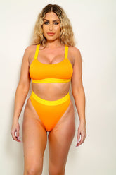 Orange Yellow Ribbed Bikini Top & High Waisted Bottom 2 Pc Set Areous
