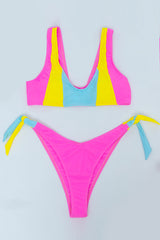 Pink Color Block Scooped Thick Straps 2 Pc Bikini Set Areous