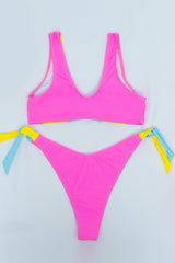 Pink Color Block Scooped Thick Straps 2 Pc Bikini Set Areous