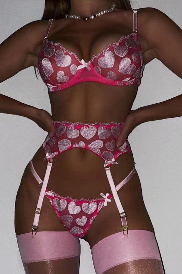 Pink Heart Pattern Ribbon Bow Lingerie Set Areous